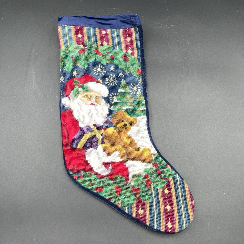 Vintage Needlepoint Christmas Stocking Santa Teddy Bear Velvet Back 17.5"